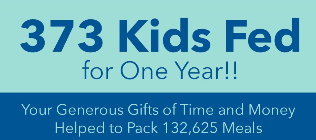 Feed My Starving Children Mobile Pack numbers for 2015: 373 children fed for one year, over 132,000 meals packed
