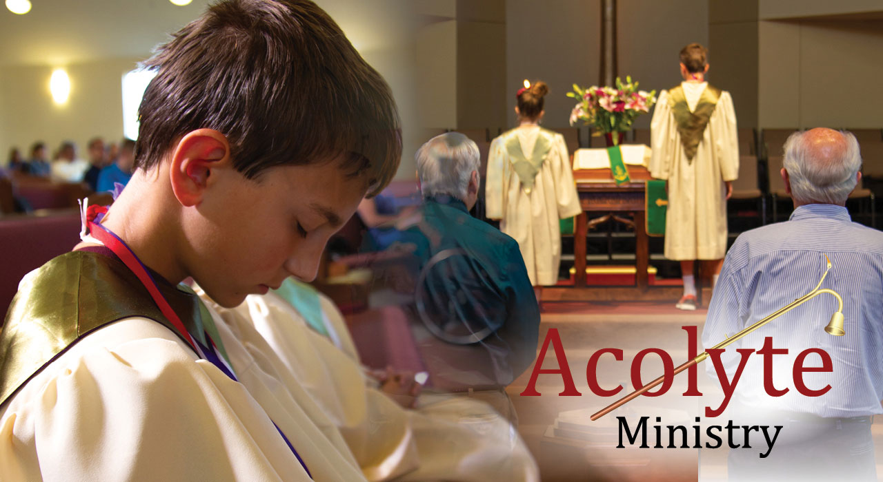 Photo of acolyte praying with two acolytes lighting candle at the altar.