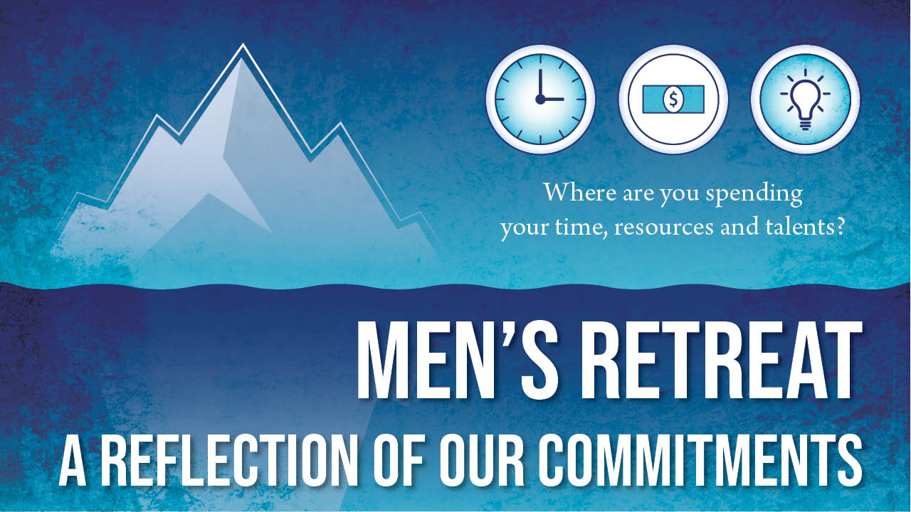 Graphic of iceberg and ocean with Mens Retreat information on it
