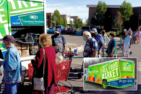 People receiving and shopping for food at mobile food bank in Parker Colorado