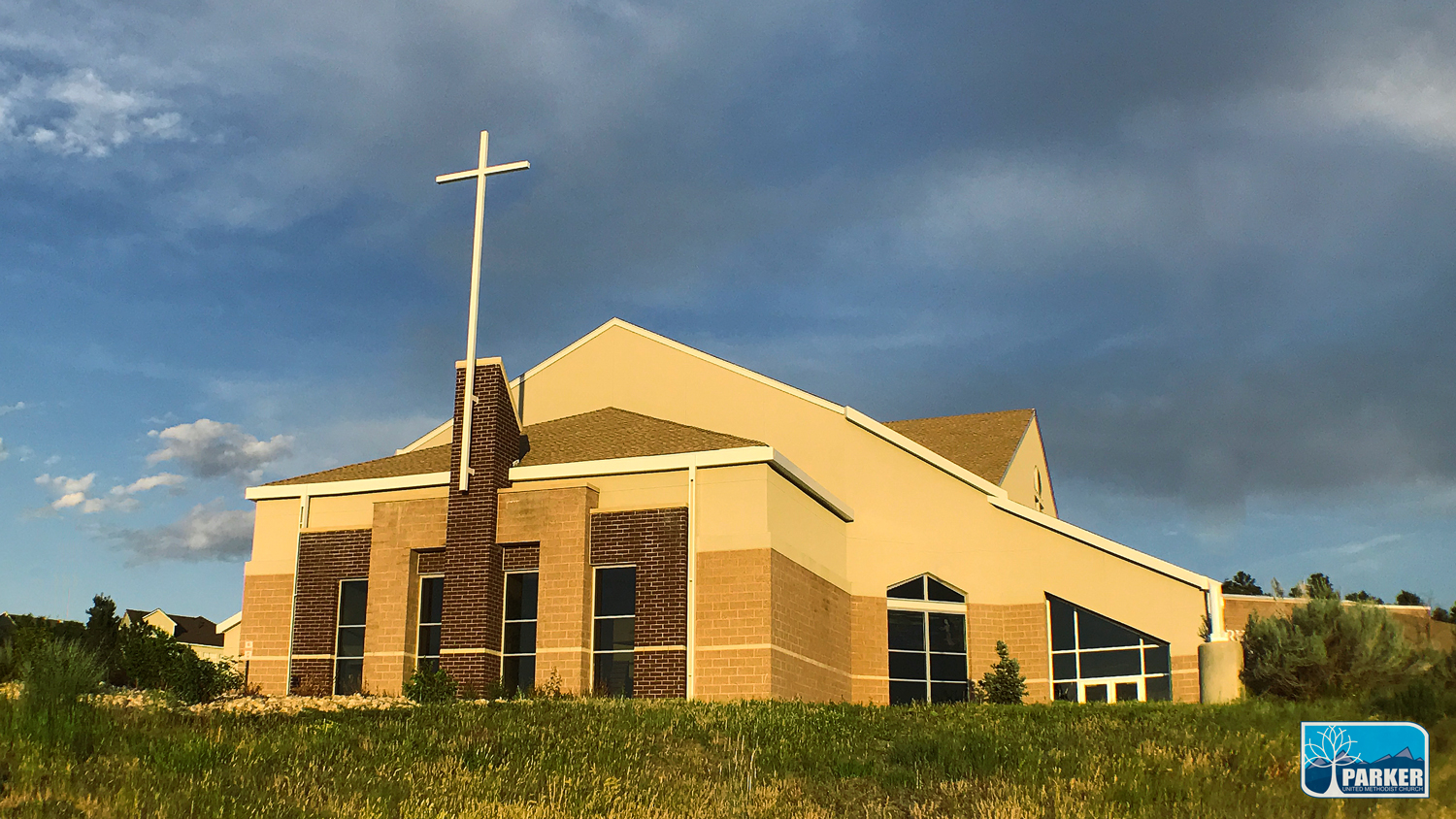 Parker United Methodist Church building view from Parker Road.