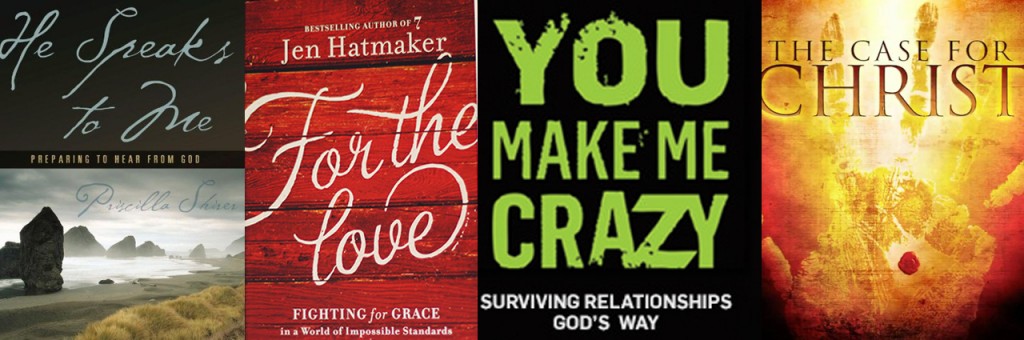 Cover art for four current devotional book series at Parker UMC. He Speaks to Me by Prescilla Shier, For the Love by Jen Hatmaker, You Make Me Crazy by Rick Warren, The Case for Christ by Lee Strobel