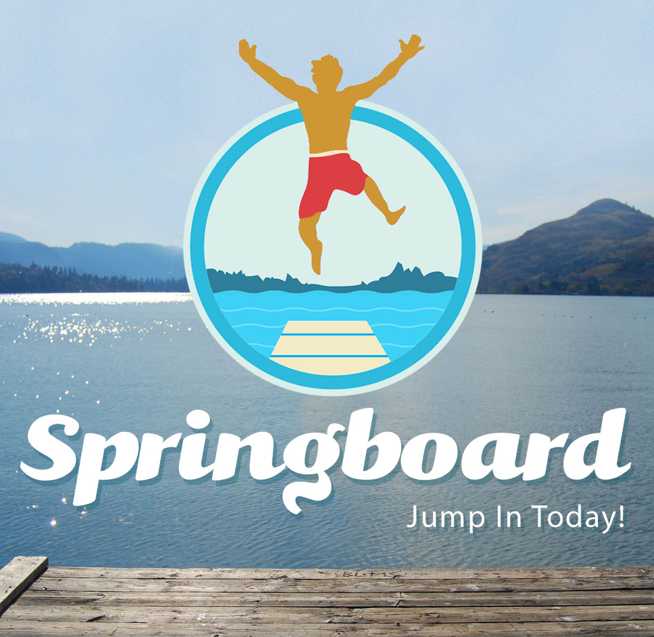 Illustrated graphic of a man jumping off a dock into a lake. In the background are a beautiful lake and mountains.