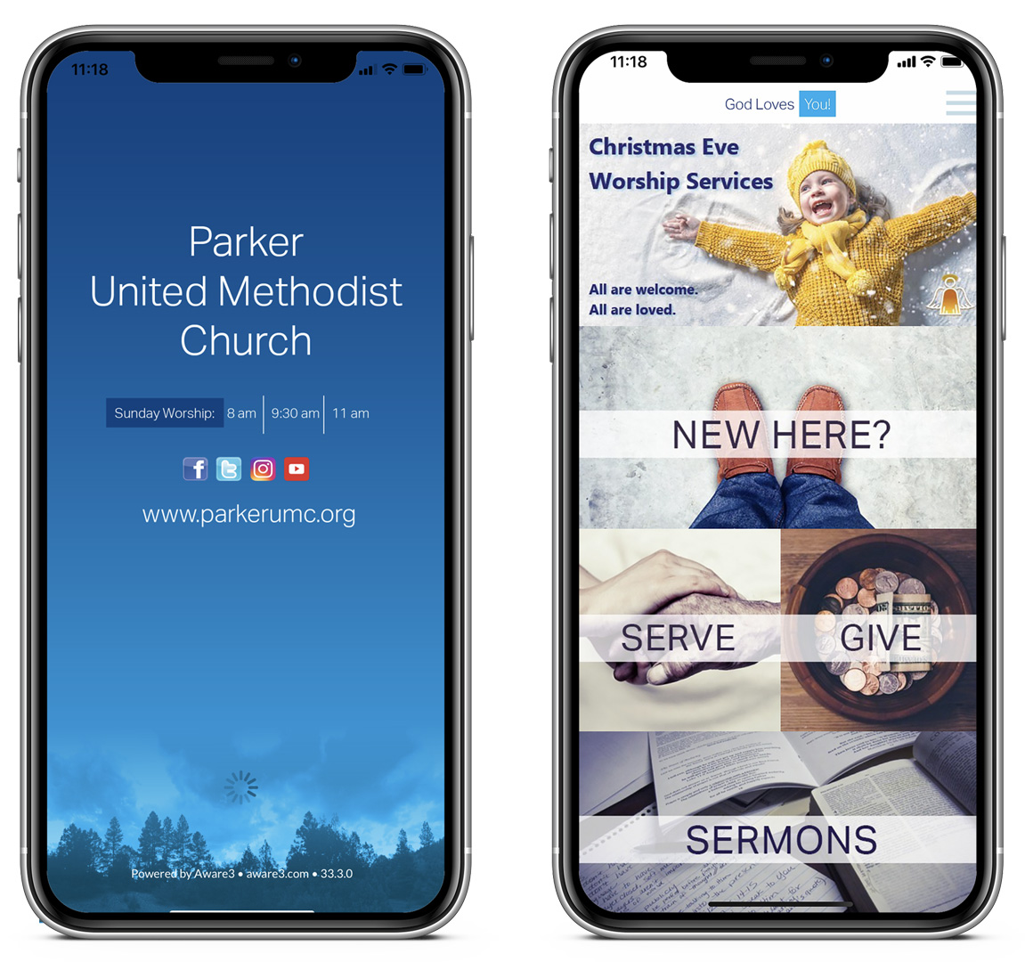 Splash screen and welcome screen on the Parker UMC app