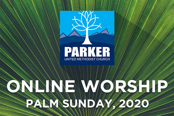 Close up of palm frond with Parker UMC logo and Palm Sunday 2020 in text